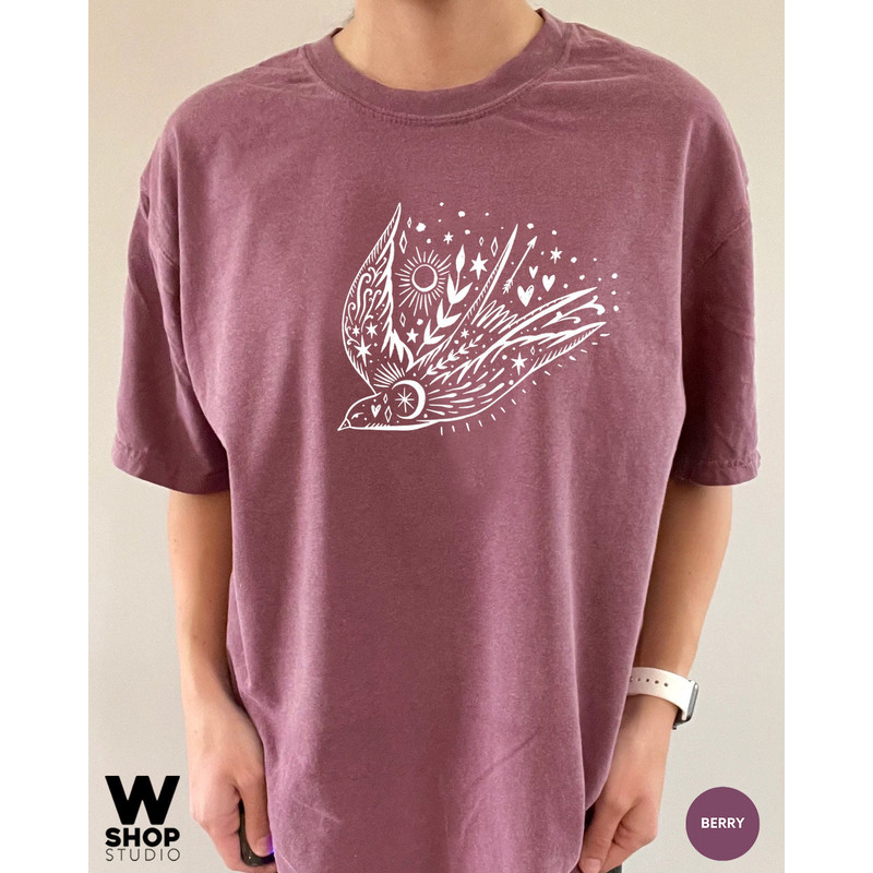Bird T-shirt, Floral Sun Moon Shirt, Boho Graphic Women Shirt, Celestial Tattoo Tee, Freedom Bird shirt, Gift for Mother, Sister Gift - 2.jpg