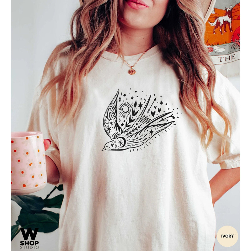 Bird T-shirt, Floral Sun Moon Shirt, Boho Graphic Women Shirt, Celestial Tattoo Tee, Freedom Bird shirt, Gift for Mother, Sister Gift - 5.jpg