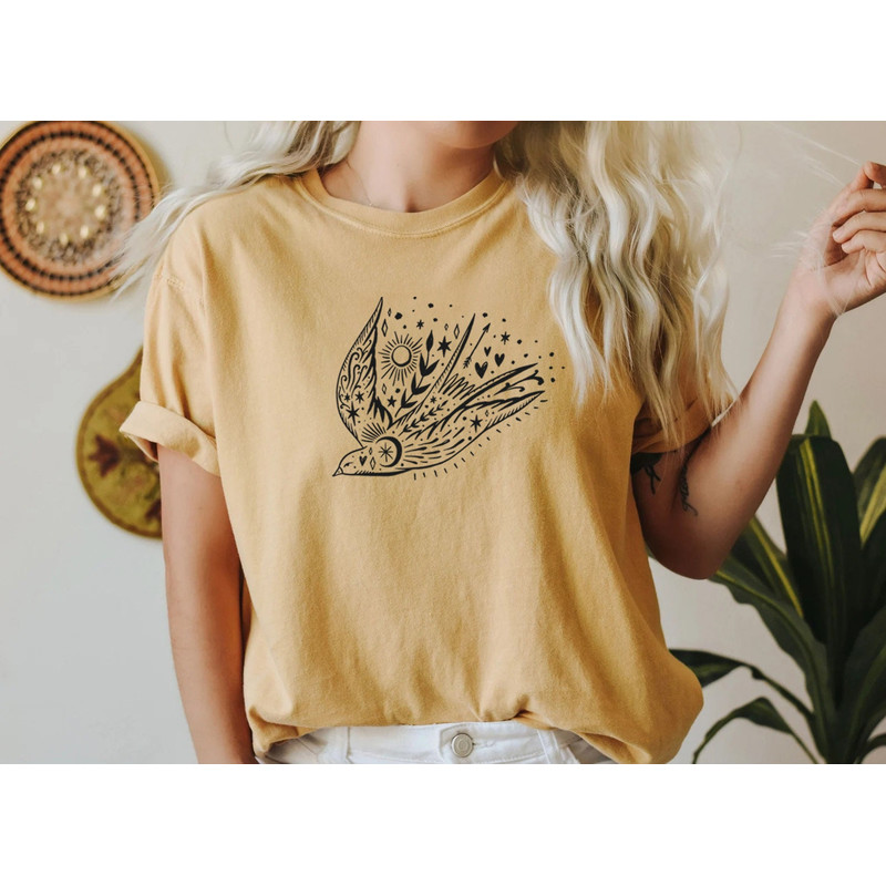 Bird T-shirt, Floral Sun Moon Shirt, Boho Graphic Women Shirt, Celestial Tattoo Tee, Freedom Bird shirt, Gift for Mother, Sister Gift - 7.jpg