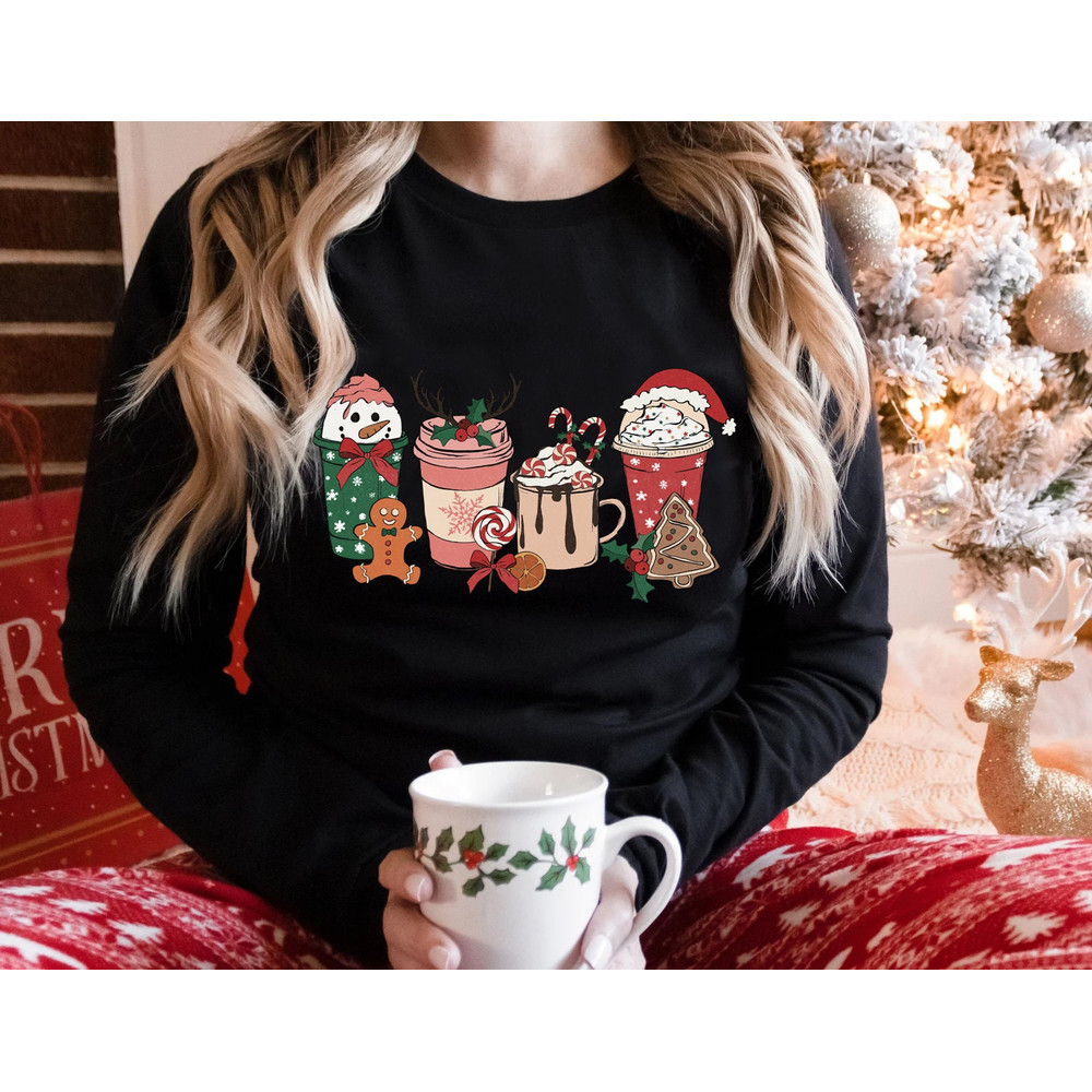 Christmas Gingerbread Coffee Shirt, Christmas Long Sleeve Tee, Coffee Lover gift, Latte drink Crewneck, women Xmas Holiday sweatshirt - 6.jpg