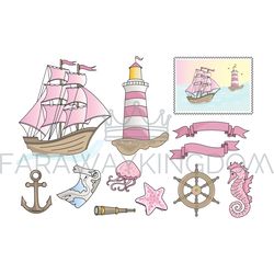 PINK CRUISE Sea Ocean Travel Tropical Vector Illustration Set
