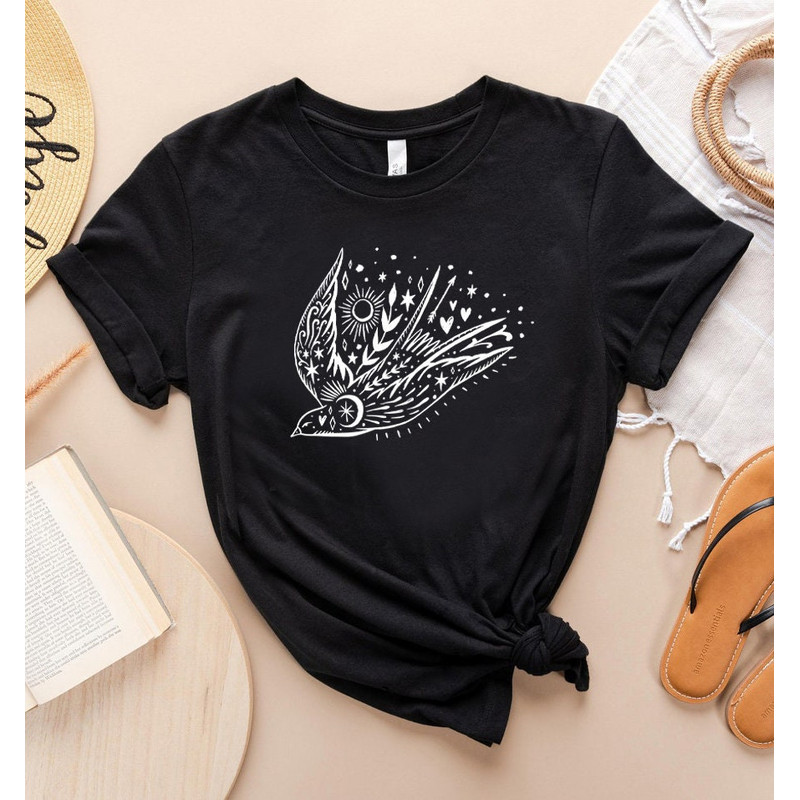 Bird T-shirt, Floral Sun Moon Shirt, Boho Graphic Women Shirt, Celestial Graphic Birds, Freedom Bird shirt, Gift for Mother, Sister Gift - 7.jpg