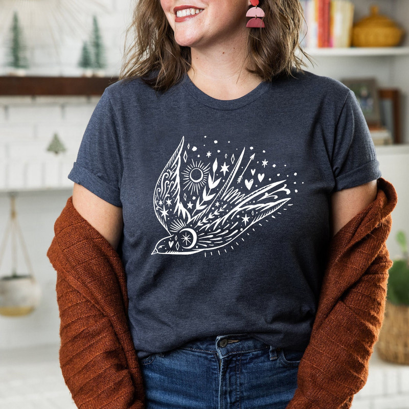 Bird T-shirt, Floral Sun Moon Shirt, Boho Graphic Women Shirt, Celestial Graphic Birds, Freedom Bird shirt, Gift for Mother, Sister Gift - 8.jpg