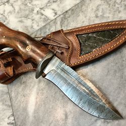 damascus bowie knife with sheath fixed blade hunting knife for survival ergonomic walnut wood handle handmade k