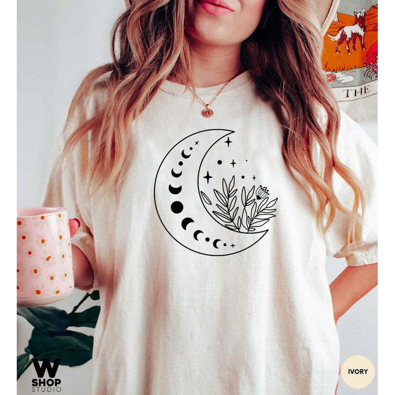 Floral Moon Shirt, Moon Shirt, Moon Wildflower Shirt, Moon Phases Oversized, Moon Boho Shirt, Astronomy T-Shirt, Celestial Shirt - 2.jpg