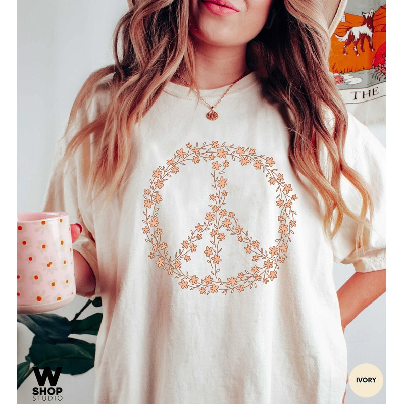 Hippie Peace Sign Shirt, Boho Peace Oversized Tee, Floral Peace Symbol, Wildflowers T-Shirt, Peace Symbol Shirt, Graphic Tees For Women - 1.jpg