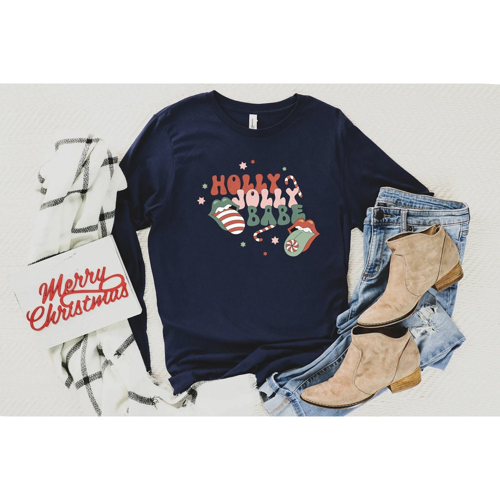 Holly Jolly Babe Sweatshirt, Retro Christmas Long Sleeve, Womens Christmas Crewneck, Cute Vintage Long Sleeve Shirt, Christmas Gift - 1.jpg