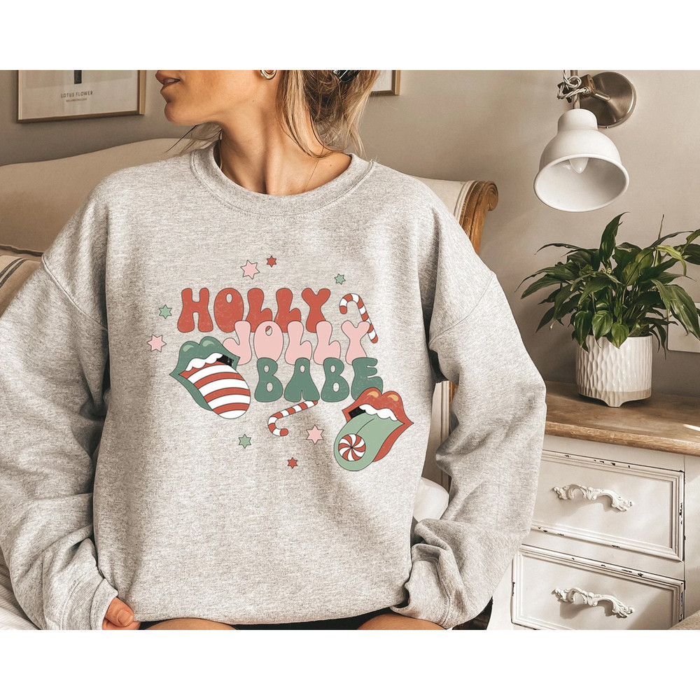 Holly Jolly Babe Sweatshirt, Retro Christmas Sweatshirt, Womens Christmas Crewneck, Cute Vintage Christmas Sweaters, Christmas Gift - 1.jpg
