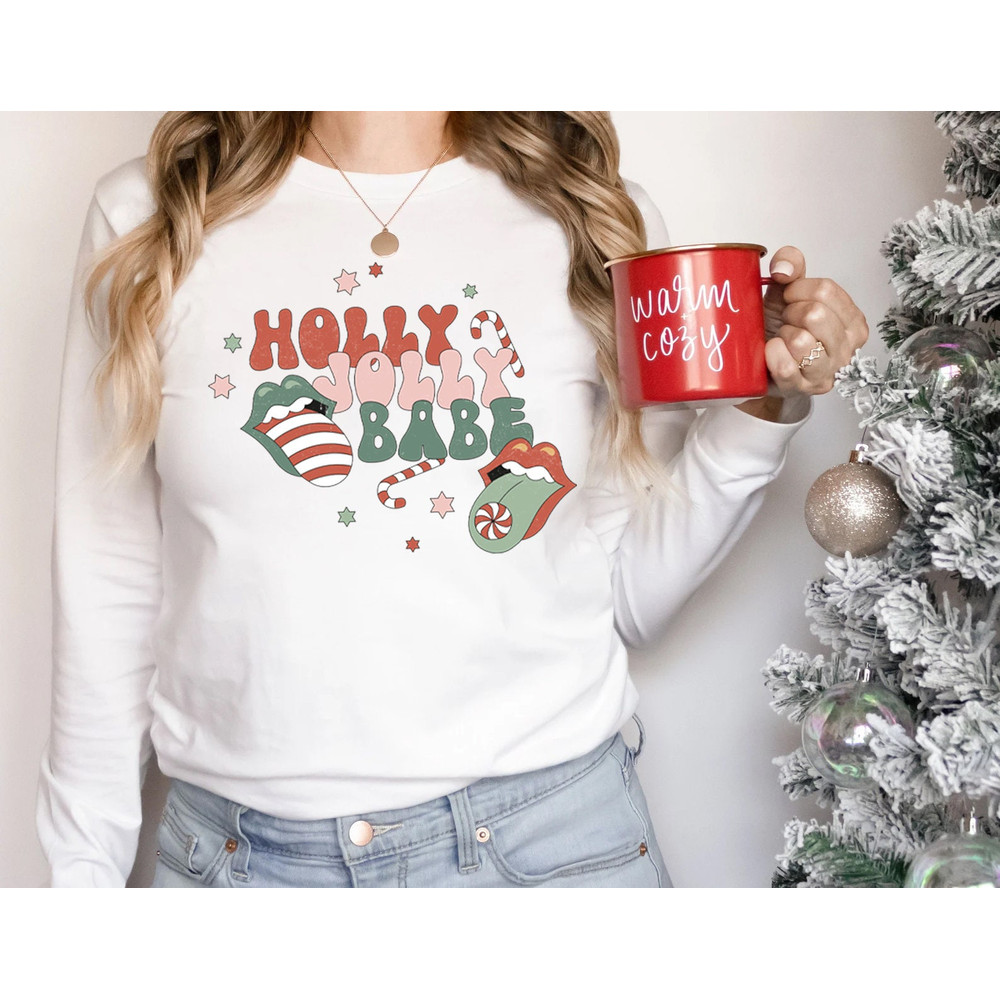 Holly Jolly Babe Sweatshirt, Retro Christmas Long Sleeve, Womens Christmas Crewneck, Cute Vintage Long Sleeve Shirt, Christmas Gift - 2.jpg