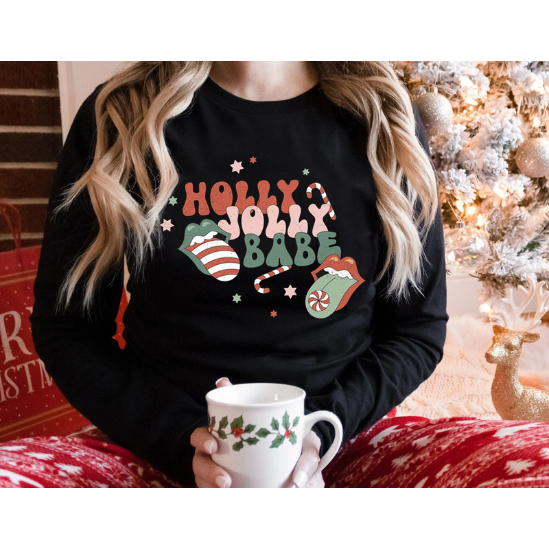 Holly Jolly Babe Sweatshirt, Retro Christmas Long Sleeve, Womens Christmas Crewneck, Cute Vintage Long Sleeve Shirt, Christmas Gift - 4.jpg