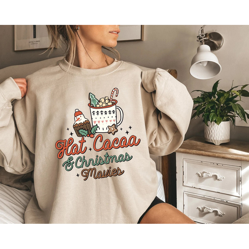 Hot Cocoa And Christmas Movies Sweater, Vintage Christmas Sweatshirt, Women's Cute Santa, Xmas Graphic Pullover, Holiday Ugly Sweater - 1.jpg