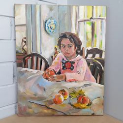 Girl with peaches oil painting on stretched canvas copy still life wall art 16x20 inch impasto