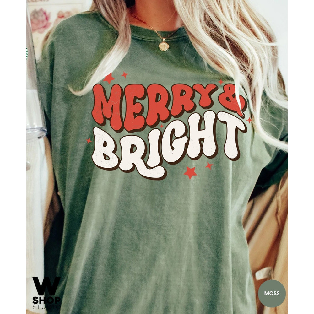Comfort Colors merry and bright Christmas t-shirt, Holiday t-shirt, cute christmas t-shirt, Christmas shirt, Retro christmas tee - 1.jpg