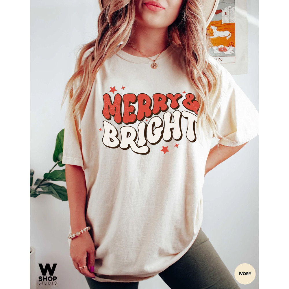 Comfort Colors merry and bright Christmas t-shirt, Holiday t-shirt, cute christmas t-shirt, Christmas shirt, Retro christmas tee - 4.jpg