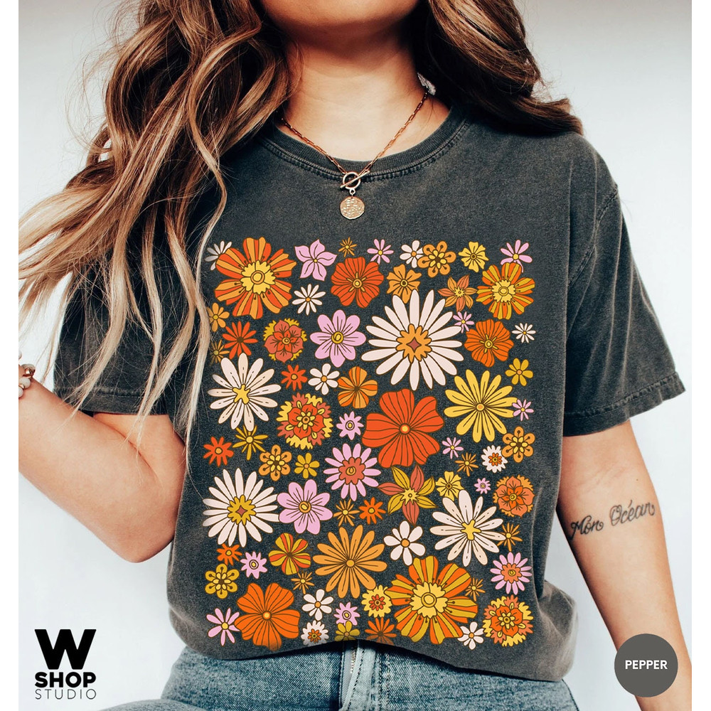 Retro Flower Shirt, Wildflower Tshirt, Hippie Shirt, Bohemian Floral Tshirt, Gift for Women, Oversized Ladies, Best Friend Gift - 1.jpg