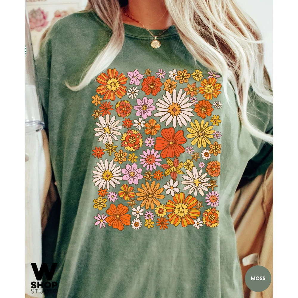 Retro Flower Shirt, Wildflower Tshirt, Hippie Shirt, Bohemian Floral Tshirt, Gift for Women, Oversized Ladies, Best Friend Gift - 4.jpg
