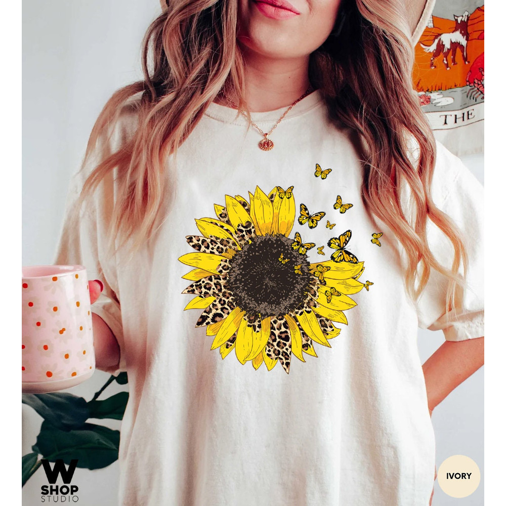 Sunflower Shirt, Leopard Floral Tee Shirt, Butterfly Flower Shirt, Garden Shirt, Oversized Tshirt, Comfort Colors - 3.jpg