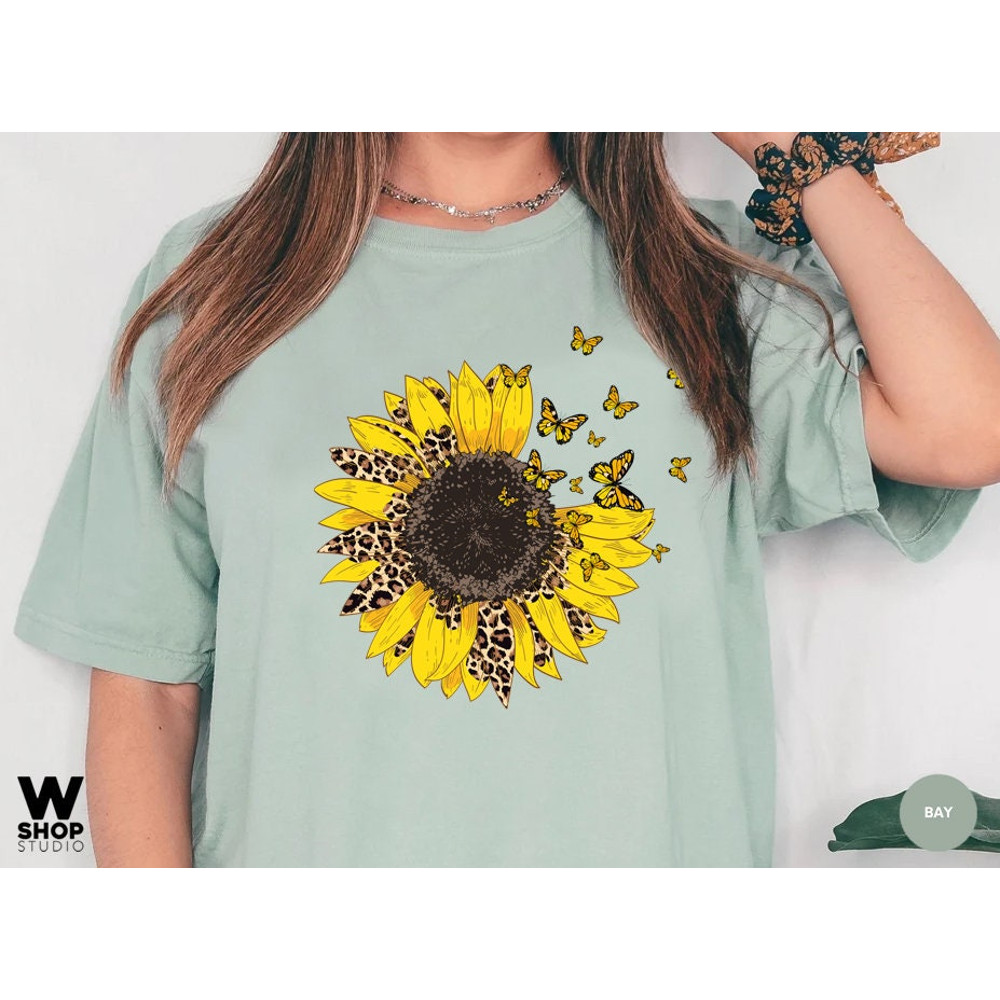 Sunflower Shirt, Leopard Floral Tee Shirt, Butterfly Flower Shirt, Garden Shirt, Oversized Tshirt, Comfort Colors - 5.jpg