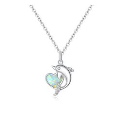 dolphin with heart necklace, sterling silver pendant with synthetic opal