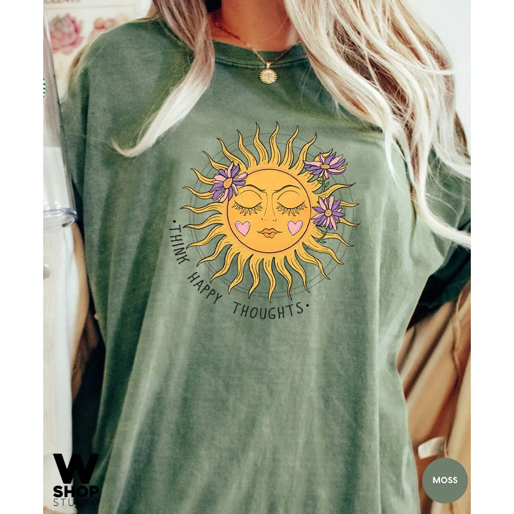 Think Happy Thoughts, Sunflower Tee, Wildflower Tshirt, Oversized Boho Shirt, Floral Tshirt, Gift for Women, Ladies Shirts, Best Friend - 1.jpg