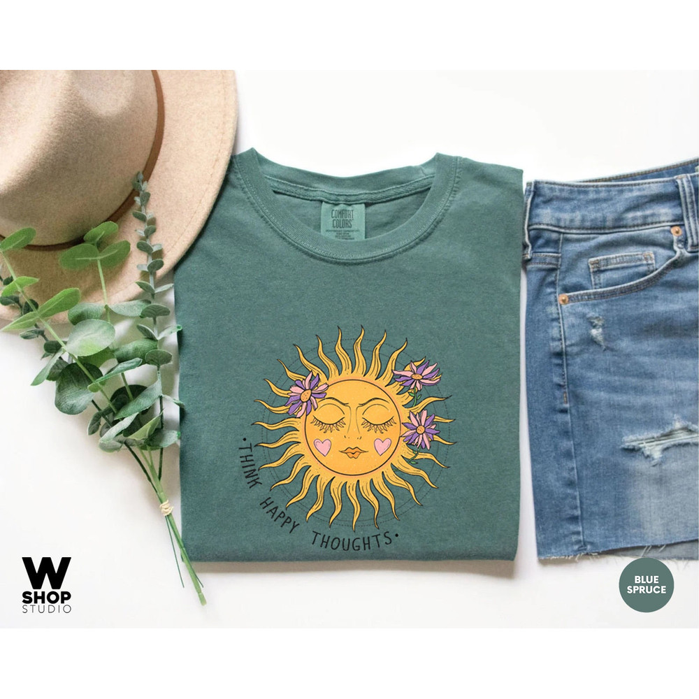 Think Happy Thoughts, Sunflower Tee, Wildflower Tshirt, Oversized Boho Shirt, Floral Tshirt, Gift for Women, Ladies Shirts, Best Friend - 7.jpg