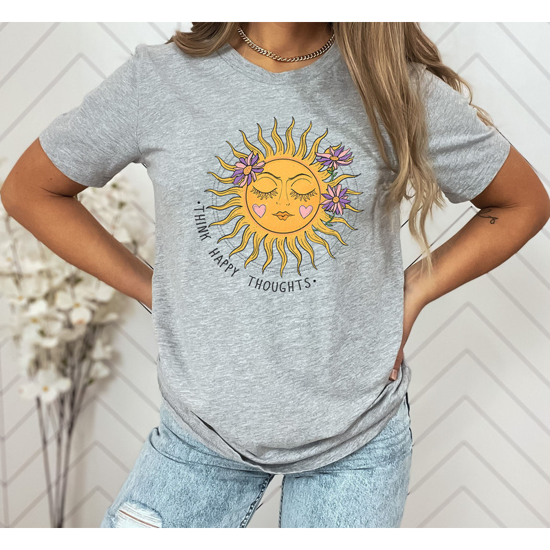 Think Happy Thoughts, Sunflower Tee, Wildflower Tshirt, Wild Flowers Shirt, Floral Tshirt, Gift for Women, Ladies Shirts, Best Friend Gift - 7.jpg