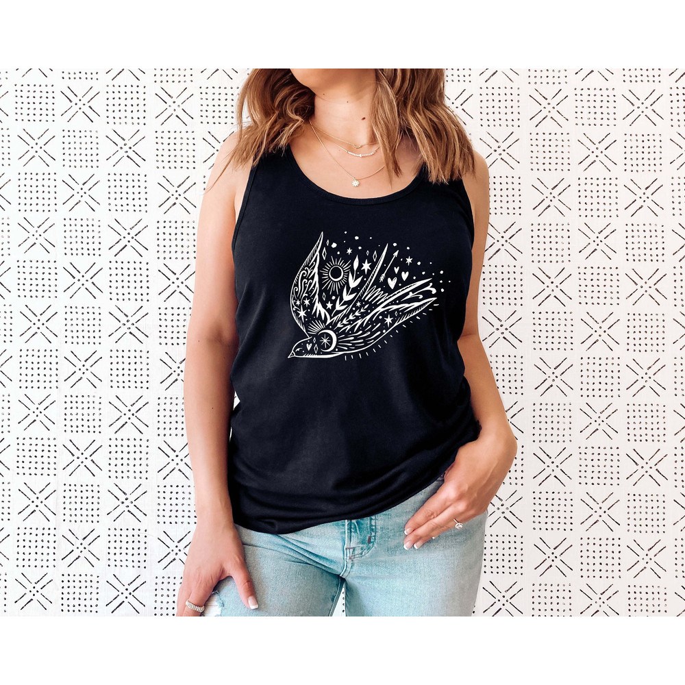 Bird Tank T-shirt, Floral Sun Moon Tank, Boho Graphic Women Top, Celestial Birds Tattoo, Freedom Bird Tank, Gift for Mother, Sister Gift - 1.jpg