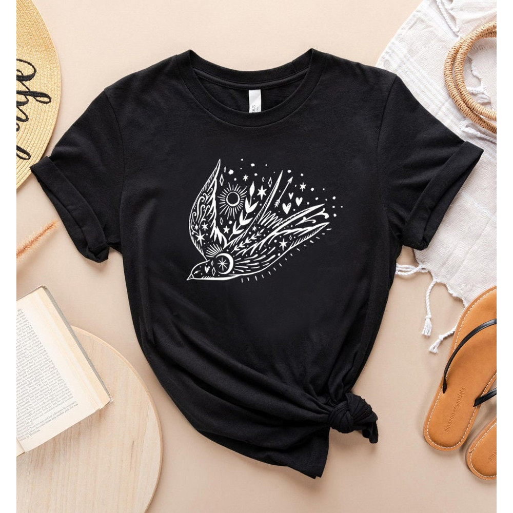 Bird T-shirt, Floral Sun Moon Shirt, Boho Graphic Women Shirt, Celestial Graphic Birds, Freedom Bird shirt, Gift for Mother, Sister Gift - 7.jpg