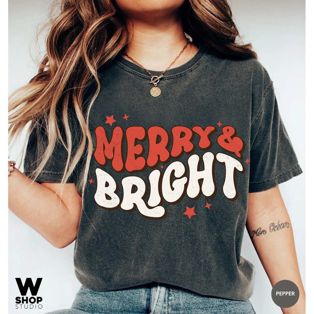 Comfort Colors merry and bright Christmas t-shirt, Holiday t-shirt, cute christmas t-shirt, Christmas shirt, Retro christmas tee - 2.jpg