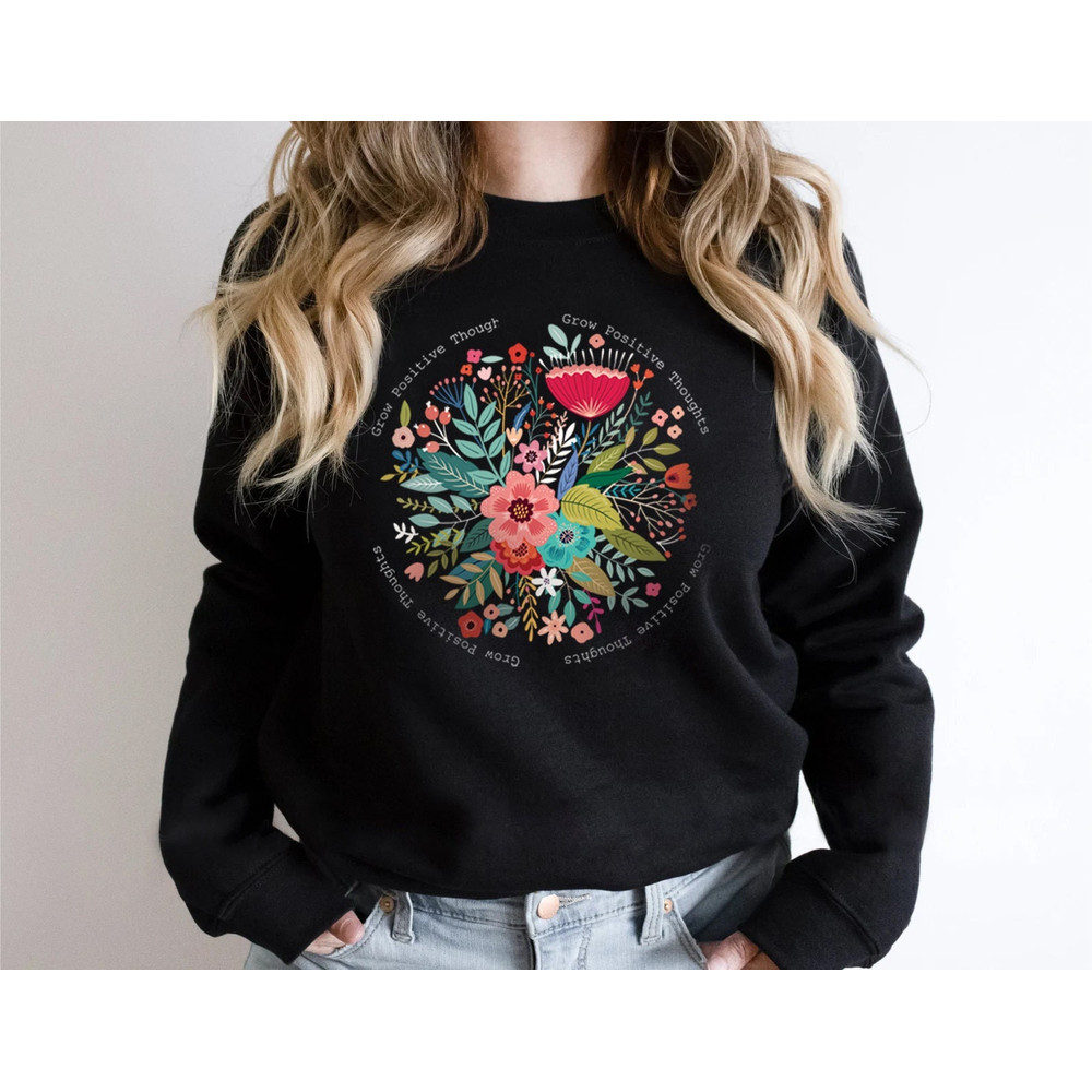 Grow Positive Thoughts Tee, Floral Sweatshirt, Bohemian Style, Butterfly Top, Trending Right Now, Women's Graphic T-shirt - 1.jpg
