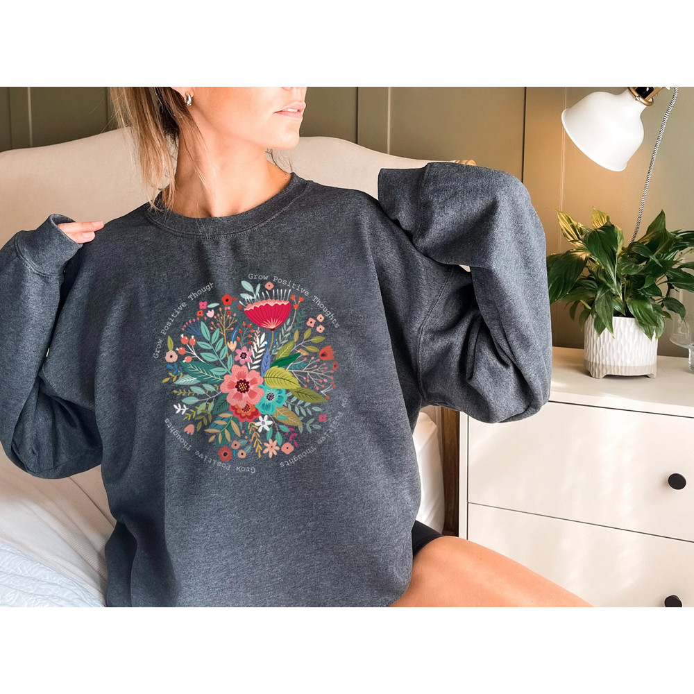 Grow Positive Thoughts Tee, Floral Sweatshirt, Bohemian Style, Butterfly Top, Trending Right Now, Women's Graphic T-shirt - 2.jpg
