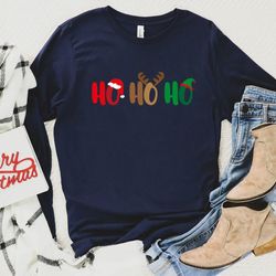 ho ho ho long sleeve shirt, merry christmas t shirt, unisex adult funny holiday shirt, merry and bright xmas crew long s