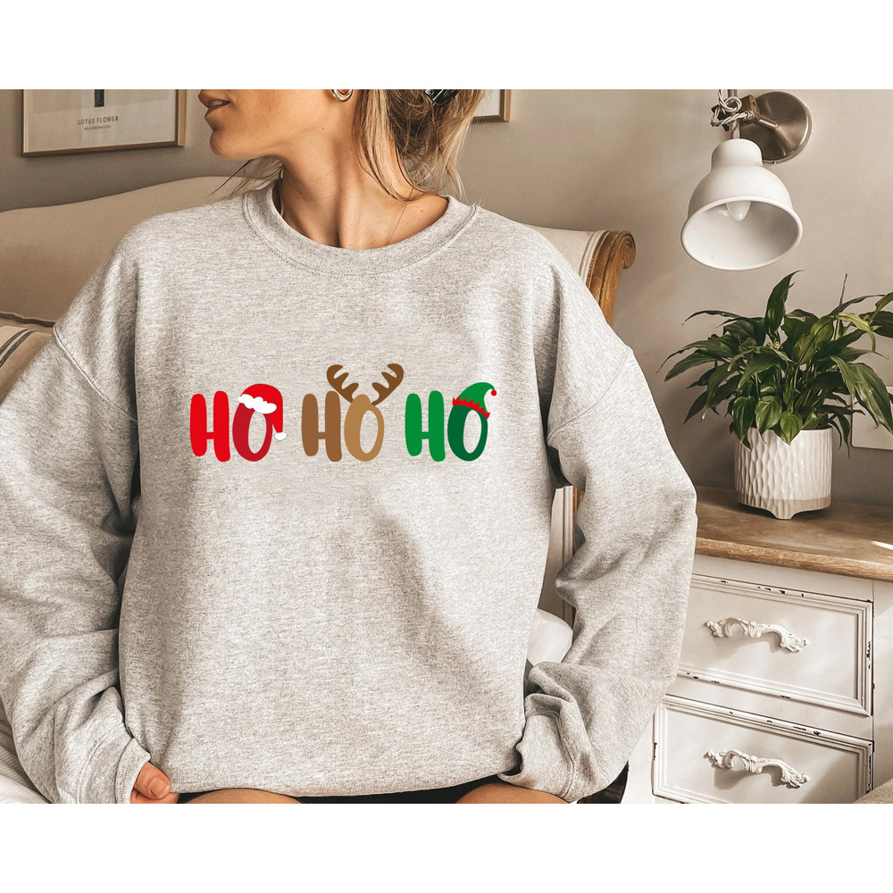 HO HO HO Sweatshirt, Merry Christmas Tree Hoodie, Unisex Adult Funny Holiday shirt, Vintage Merry and Bright Xmas Crew tee - 3.jpg