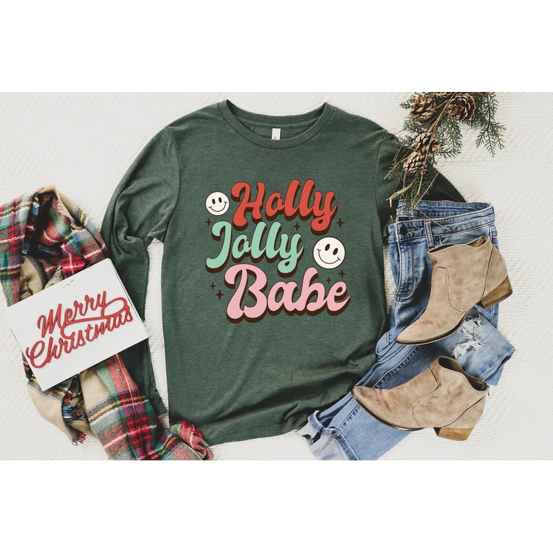 Holly Jolly Babe Christmas Shirt, Retro Christmas Long Sleeve Tee, Retro Xmas sweatshirt, Christmas holiday apparel, Long Sleeve T shirt - 1.jpg