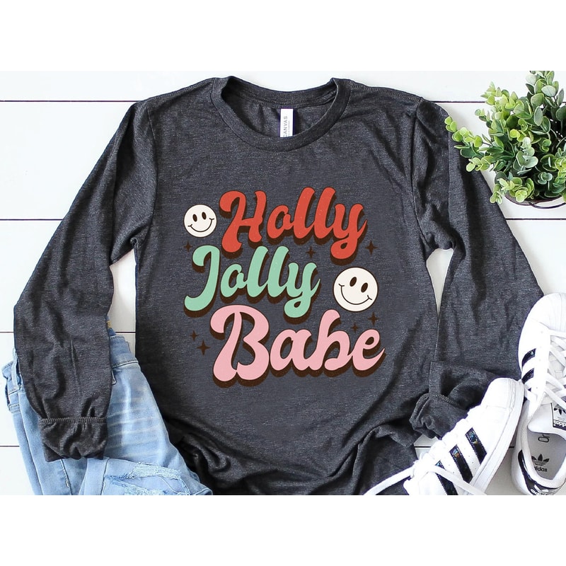 Holly Jolly Babe Christmas Shirt, Retro Christmas Long Sleeve Tee, Retro Xmas sweatshirt, Christmas holiday apparel, Long Sleeve T shirt - 2.jpg