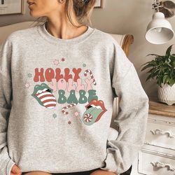 holly jolly babe sweatshirt, retro christmas sweatshirt, womens christmas crewneck, cute vintage christmas sweaters, chr
