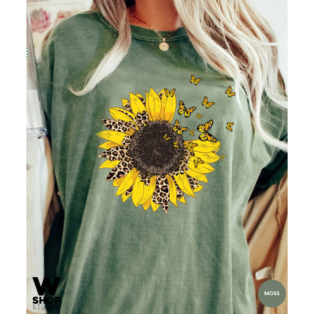 Sunflower Shirt, Leopard Floral Tee Shirt, Butterfly Flower Shirt, Garden Shirt, Oversized Tshirt, Comfort Colors - 2.jpg