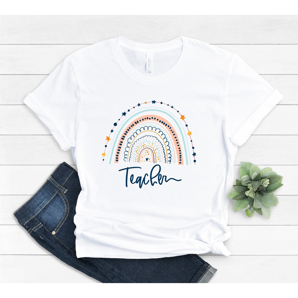 Teacher Shirts For Women, Vintage Boho Teacher Rainbow Shirt, Rainbow Teacher Shirt, Rainbow Teacher Tshirt, Kindergarter Teacher Shirt - 2.jpg