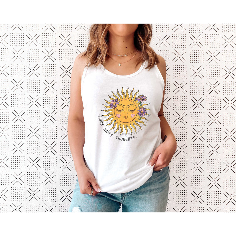 Think Happy Thoughts, Sunflower Tee Tank Top, Wildflower Tank, Wild Flowers Shirt, Floral Tank, Gift for Women, Ladies Tank, Best Gift - 1.jpg