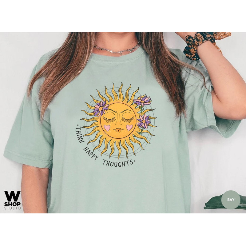 Think Happy Thoughts, Sunflower Tee, Wildflower Tshirt, Oversized Boho Shirt, Floral Tshirt, Gift for Women, Ladies Shirts, Best Friend - 4.jpg