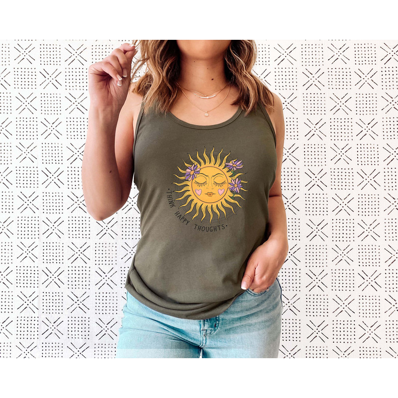Think Happy Thoughts, Sunflower Tee Tank Top, Wildflower Tank, Wild Flowers Shirt, Floral Tank, Gift for Women, Ladies Tank, Best Gift - 7.jpg
