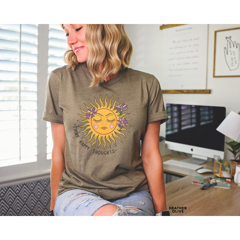 Think Happy Thoughts, Sunflower Tee, Wildflower Tshirt, Wild Flowers Shirt, Floral Tshirt, Gift for Women, Ladies Shirts, Best Friend Gift - 6.jpg