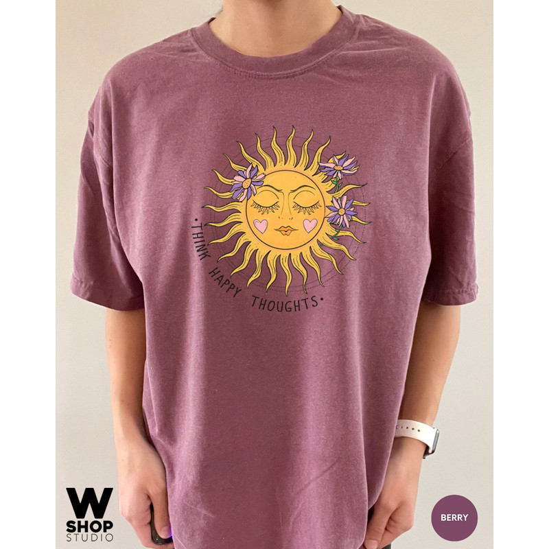 Think Happy Thoughts, Sunflower Tee, Wildflower Tshirt, Oversized Boho Shirt, Floral Tshirt, Gift for Women, Ladies Shirts, Best Friend - 8.jpg