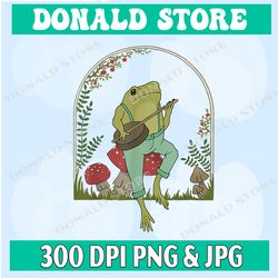 cottagecore aesthetic frog playing banjo on mushroom cute png bundle, trending png, popular printable