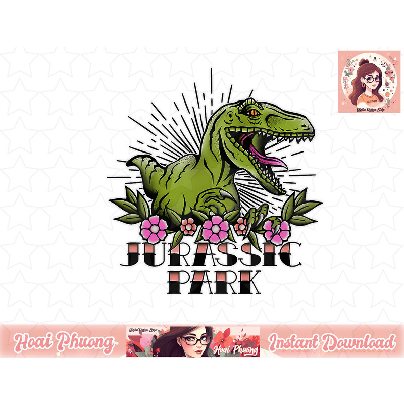 Jurassic Park Raptor Roar Floral Tattoo Style png, instant download.jpg