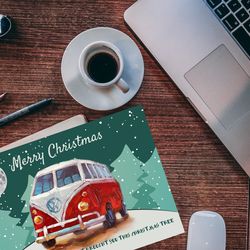 merry christmas! digital card to download vwbus painting creeting card.