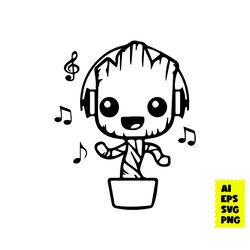groot outline svg, baby groot svg, groot svg, groot listen to music svg, marvel svg, disney svg, png digital file