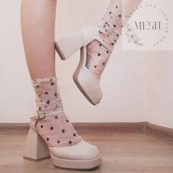 2 pairs sheer socks women polka dot |  white mesh socks tulle fashion slouchy