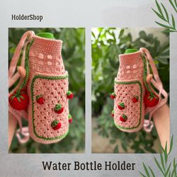 Crochet Water Bottle Holder with phone Pocket Strawberry. Summer bag. Net beach bag. Cottagecore.Strawberry.