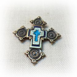 Cross necklace pendant with blue enamel, vintage brass cross necklace pendant, rustic brass cross,ukrainian jewellery